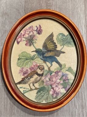 Vintage Original Bird Painting Oval Frame Gallery Wall Signed 1953 Cottagecore